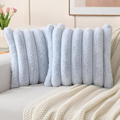 FUTEI Light Blue Decorative Throw Pillow Covers 16x16 Inch Set of 2, Square Soft Faux Rabbit Fur Thick Striped Cushion Cover,Winter Home Decor for Couch Bed Living Room