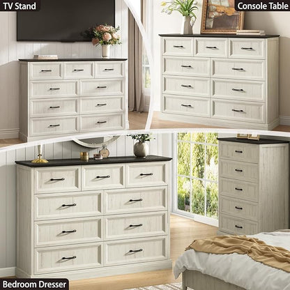 CARPETNAL Farmhouse 9 Drawer Dresser for Bedroom, 55 Inch Wide Modern White Dresser TV Stand with Large Drawers & Bar Handles, Rustic Wood Chest of Drawers for Bedroom, Living Room, Hallway, Entryway.