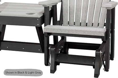 DutchCrafters Slat Fan Back Double Poly Adirondack Glider Outdoor Patio Chairs with Center Table (White & Blue)