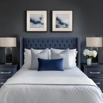 Madison Park Queen Button Tufted Headboard, Adjustable Upholstered Transitional Wingback Headboard, Nailhead Trim, Wooden Frame, Black Metal Legs, Flush Flat Back, Vintage Bedroom Décor Amelia - Navy