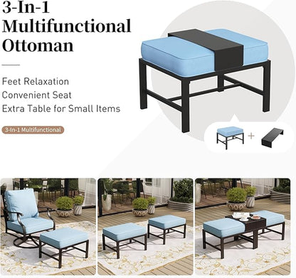 5 Piece Metal Outdoor Patio Furniture Set, Patio Conversation Sets 1 3-seater Sofa, 2 Fixed Chair, 2 Ottomans with 5.75" Thick Cushion, Black All-weather Frame Backyard Furniture, Blue