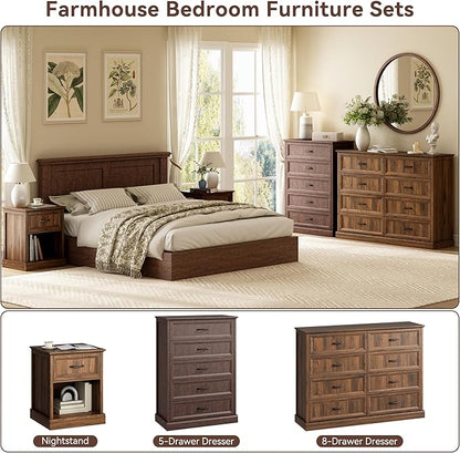 CARPETNAL Farmhouse Dresser and Nightstand Sets for Bedroom, 4 Pcs Bedroom Set, 5 Drawer & 8 Drawer Dresser and Nightstand Set of 2, Wood Chest of Drawers for Living Room, Entryway, Brown