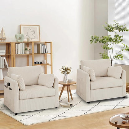 Accent Chair Set of 2 Living Room Chairs in Corduroy Fabric,Reading Chair Sofa couches for Apartment Bedroom and Small Spaces. (Beige, 2 Chairs)