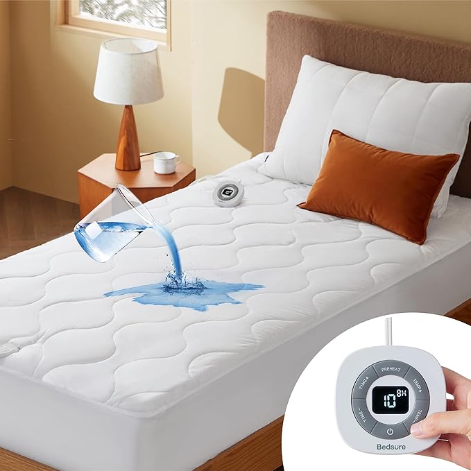 Bedsure Waterproof Heated Mattress Pad Twin - Cotton Bed Warmer with Memory & Preheat Functions, 10 Heat Settings & 12 Hour Shut Off, Single Controller, Electric Mattress Pad Twin, 39"x75"