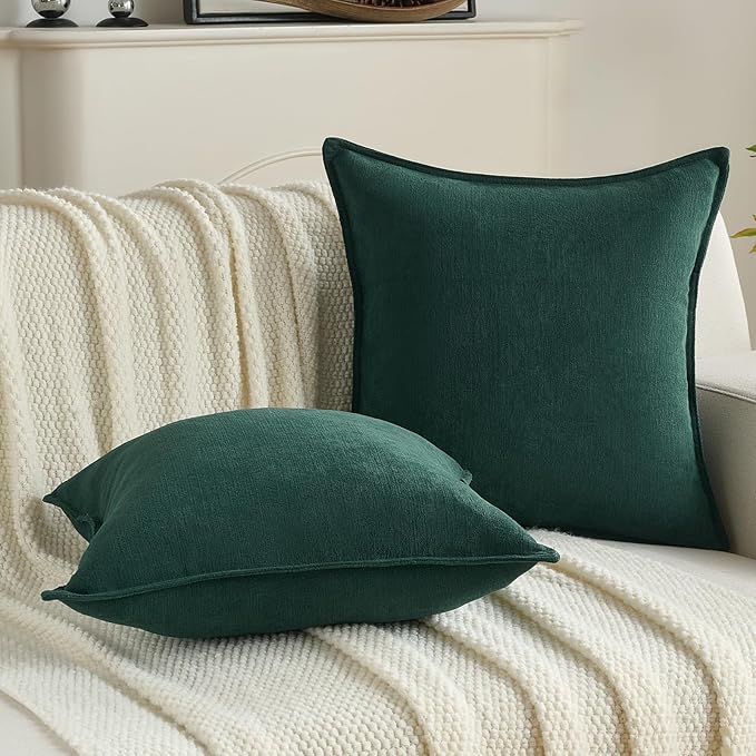 FUTEI Christmas Dark Green Chenille Throw Pillow Covers 12x20 Inch Set of 2,Edges Double-Stitched Lumbar Pillow Cases,Modern Home Decor for Couch Living Room