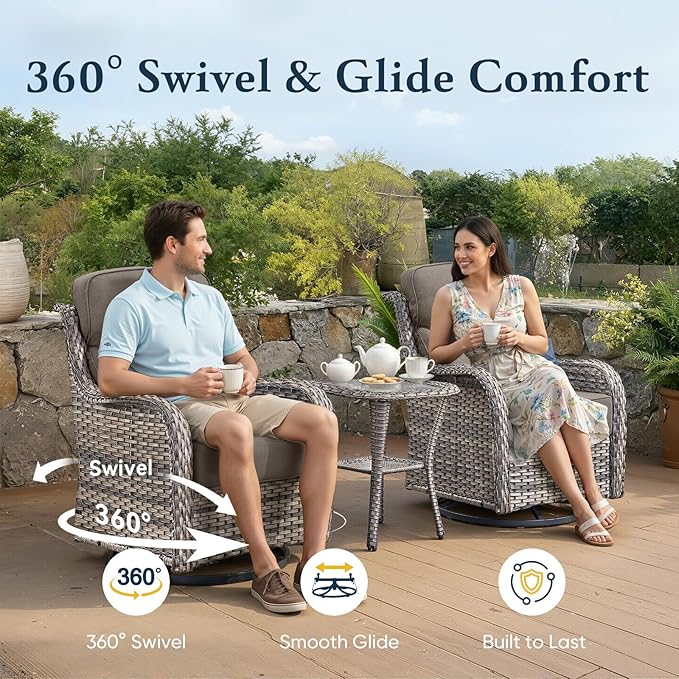 Belord Luxury 6" Thick Cushioned 8 Pieces Patio Furniture Set with Outdoor Couch, Wicker Outdoor Conversation Set with High Back Swivel Rocker Chairs for Deck Porch Yard and Poolside - Grey+Grey