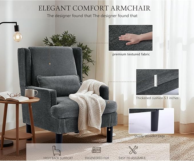 Accent Chair for Living Room Chairs Upholstered Oversized Reading Chair Armchair Accent Chairs Set of 2 Living Room Chair with High Back and Wood Legs,Arm Chair Comfy Chair for Bedroom(Dark Grey)