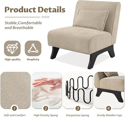 Armless Set of 2 Accent Chair,Modern Comfy Upholstered Living Room Chairs with Wooden Legs& Pillows,Lounge Sofa Side Chair for Bedroom Farmhouse Reading (Brown, 2 PCS)
