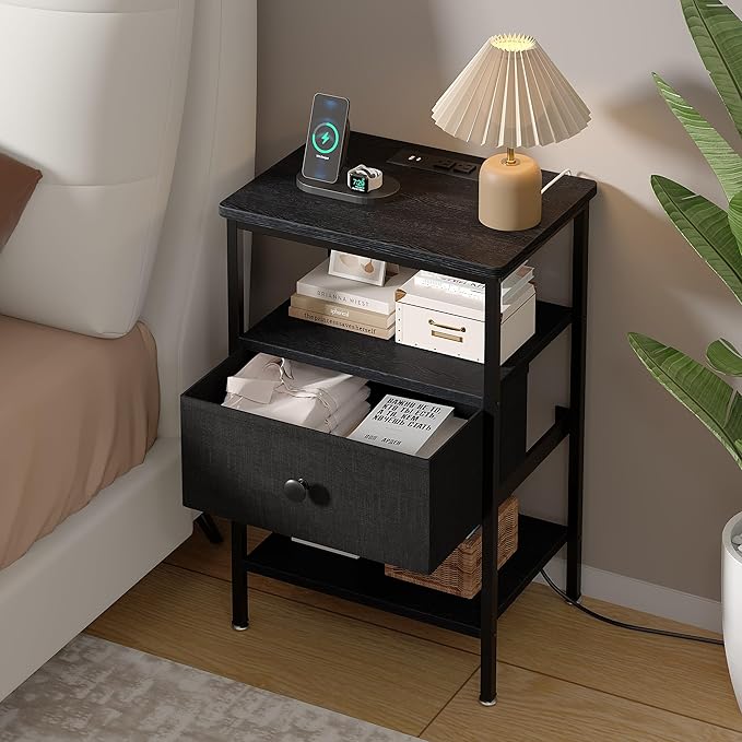 VECELO Night Stand with Charging Station, End Tables with Open Storage Shelf, Bed Side Tables with Fabric Drawers for Bedroom,Living Room,Classic Black