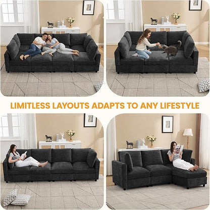 3-Seater Modular Sectional Cloud Sofa with Ottoman, L-Shaped Couch for Living Room, Modern Convertible Deep Seats Sofa, Chenille Dark Grey