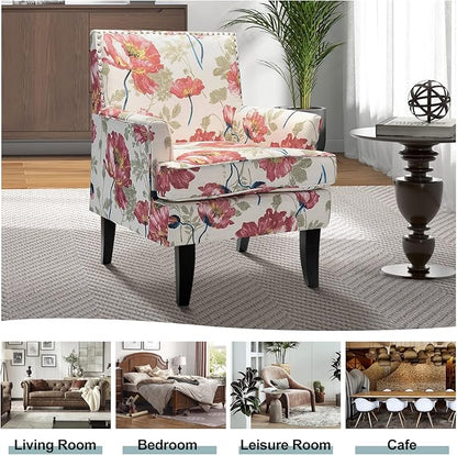 HULALA HOME Modern Accent Chairs Set of 2, Farmhouse High Back Floral Chairs with Wooden Legs & Nail Head Trim, Comfy Upholstered Armchairs for Living Room/Bedroom (Red Yellow Floral)