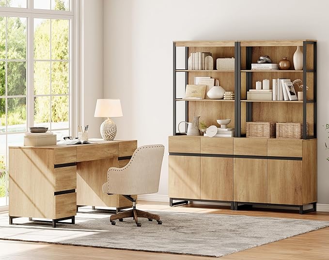 WAMPAT 59" Modern Executive Desk with Drawers, Wood Computer Writing Desk with Charging Station, Office Desk with File Drawer, Study Table for Bedroom, Living Room, Home Office, Oak