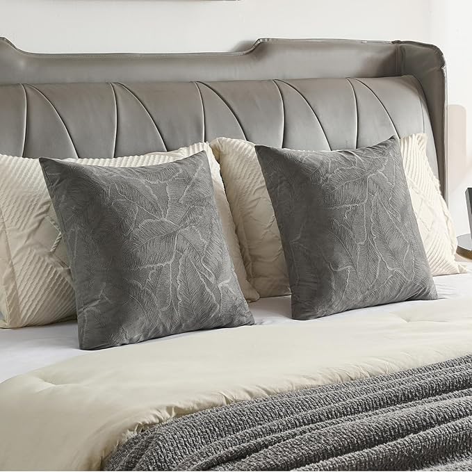 FUTEI Dark Grey Velvet Throw Pillow Covers 16x16 Inch Set of 2,Soft Embossed Leaf-Relief Textured Cushion Cases,Natural Home Decor for Couch Living Room
