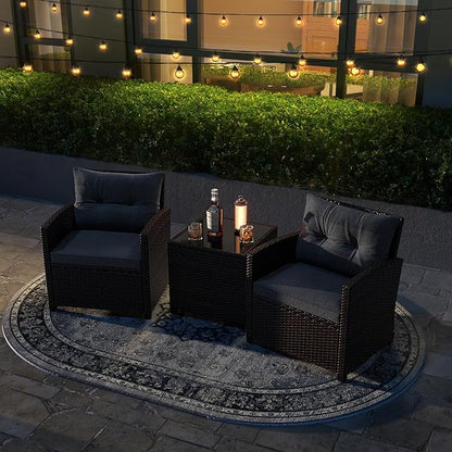 Tangkula 3 Pieces Patio Furniture Set, PE Rattan Wicker 3 Pcs Outdoor Sofa Set w/Washable Cushion and Tempered Glass Tabletop, Conversation Furniture for Garden Poolside Balcony (Grey)