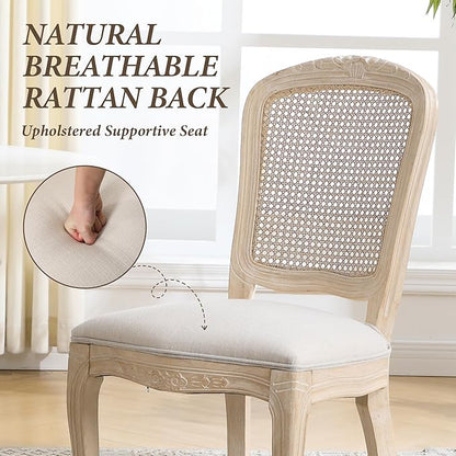 Wicker Dining Chairs Set of 2, Upholstered Linen Fabric Dining Room Chairs with Square High Rattan Back Farmhouse French Kitchen Chairs for Dining Table/Living Room/Restaurant, White