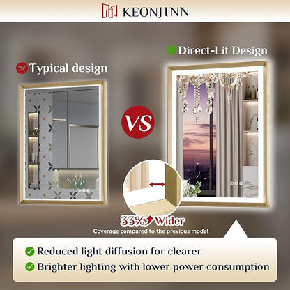 Keonjinn 72 x 36 Inch Bathroom Mirror with Frontlit & Backlit, Gold Metal Framed Beveled Edge Mirror, Large LED Mirror with Anti Fog for Wall, Stepless 3-Color Temperatures, UL-Listed Driver