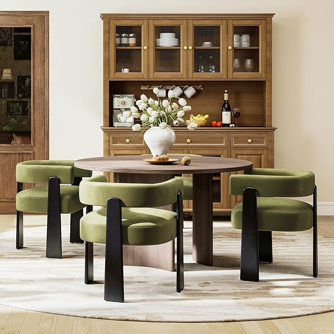 Modern Dining Chairs Set of 4, Upholstered Velvet Barrel Accent Chairs with Backrest & Arms, Wide and Thicker Padded Kitchen Side Chair with Wooden Legs for Dining Room, Livingroom, Dark Green