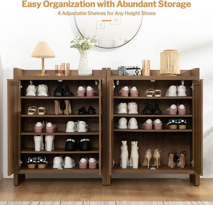 SICOTAS Shoe Cabinet, 24 Pair Shoe Storage Organizer Cabinet, 41" Tall Rattan Shoe Cabinet with Doors and Shelves, 6-Tier Farmhouse Boho Wooden Storage Cabinet for Entryway Hallway Closet