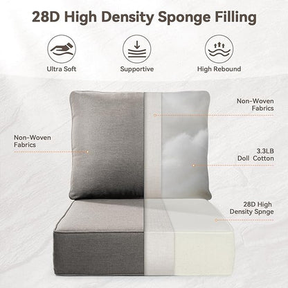 Luxury 6" Outdoor Cushions for Patio Furniture, 24x24x6 Thick Seat Cushion Set, Fade Resistant Couch Chair Replacement Cushions High Density Deep Wicker Chair Cushion with Removable Cover Gray
