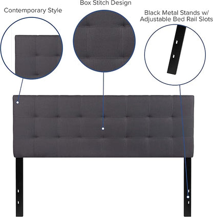 EMMA + OLIVER Quilted Tufted Queen Size Headboard in Dark Gray Fabric