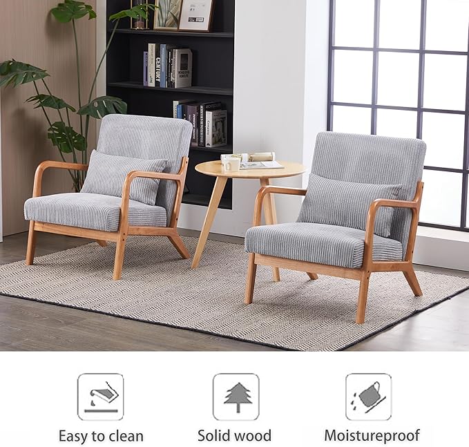Accent Chairs, Set of 2 Mid-Century Modern Chair with Pillow, Armchair with Solid Wood, Reading Relaxing Leisure Chair for Living Room（Light Grey）