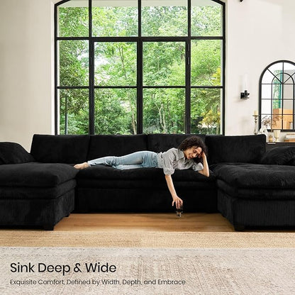 Belffin Large Modular Sectional Sofa with Deep Chaise, 104" Corduroy L Shaped Couch with 9" Soft Dual-Layer Seats Cushion for Living Room, Apartment, Black