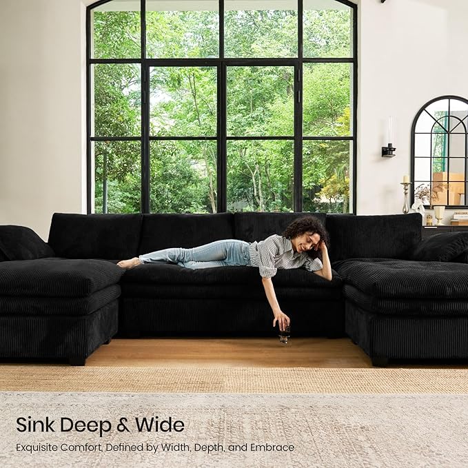 Belffin Large Modular Sectional Sofa with Deep Chaise, Corduroy U Shaped Couch with 9" Soft Dual-Layer 7 Seats Cushion for Living Room, Apartment, Black