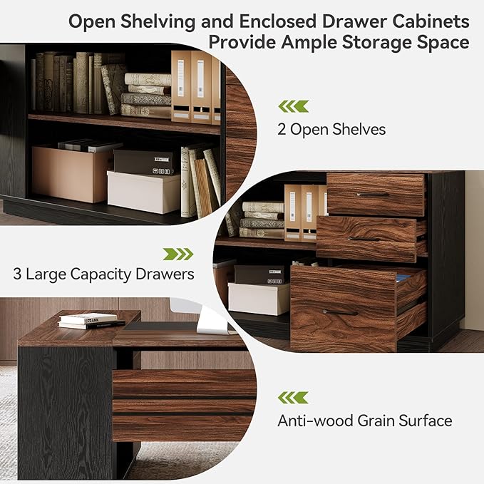 LITTLE TREE 78.7 Inches Modern Executive Desk with File Cabinet, Extra Large L Shaped Home Office Desk with Drawers, Professional Spacious Workstation for Home Office (Brown & Black)
