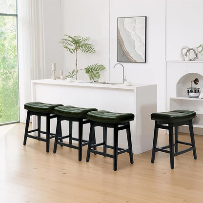 Counter Height Bar Stools Set of 2 for Kitchen Counter Farmhouse Modern Barstools with Faux Leather Upholstered Backless Seat and Solid Wood Legs 24 inch Bar Chairs, Green + Black