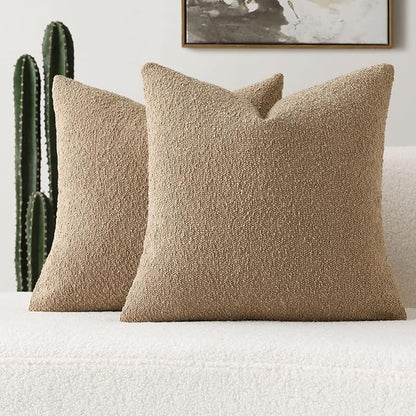 FUTEI Pack of 2 Khaki Decorative Throw Pillow Covers 26x26 Inch Soft Cozy Solid Boucle Textured Euro Pillow Shams,Modern Home Decor for Couch Bed Living Room
