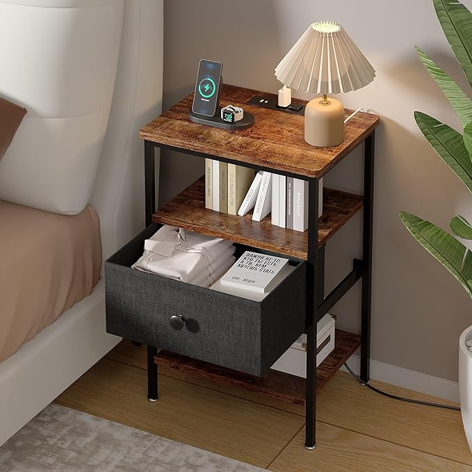 VECELO Night Stand with Charging Station, End Tables with Open Storage Shelf, Bed Side Tables with Fabric Drawers for Bedroom,Living Room,Rustic Brown