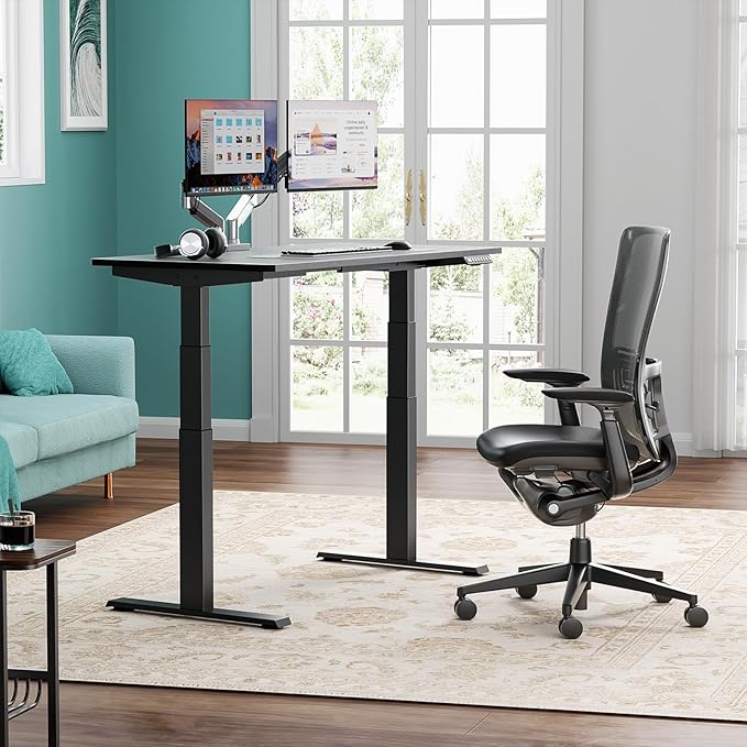 3 Stages Dual Motor Electric Standing Desk with One Piece Desktop, 48 x 24 Inch Adjustable Height Sit to Stand Up Desk for Home Office, Work & Study, Black Frame & Black Desktop (2 Packages)