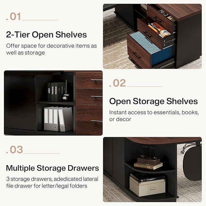 Tribesigns 81'' L-Shaped Executive Desk, Large Modern Office Desk with Drawers and File Cabinet for Home or Business Workspace, Computer Desk with Storage Shelves, Walnut & Black