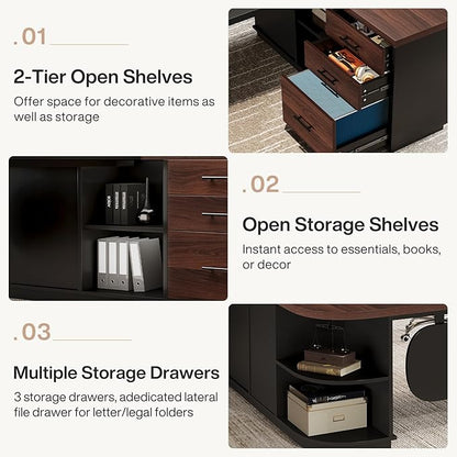 Tribesigns 81'' L-Shaped Executive Desk, Large Modern Office Desk with Drawers and File Cabinet for Home or Business Workspace, Computer Desk with Storage Shelves, Walnut & Black