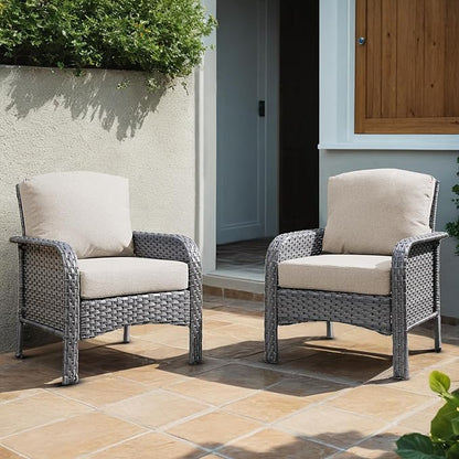 2 Pieces Wicker Patio Chairs - Outdoor Rattan Chairs Set of 2,All-Weather PE Wicker Dining Chair Set with High Back and Deep Seating for Deck Porch,Beige