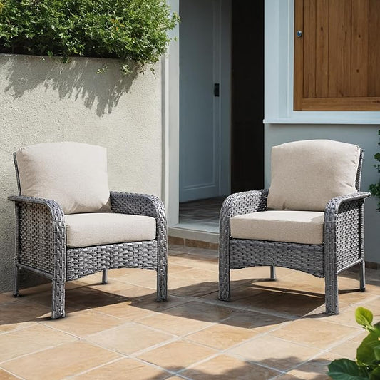 2 Pieces Wicker Patio Chairs - Outdoor Rattan Chairs Set of 2,All-Weather PE Wicker Dining Chair Set with High Back and Deep Seating for Deck Porch,Beige