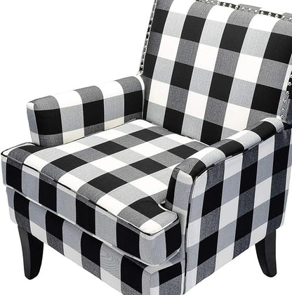 HULALA HOME Modern Accent Chairs Set of 2, Farmhouse High Back Buffalo Plaid Chairs with Wooden Legs & Nail Head Trim, Comfy Upholstered Armchairs for Living Room/Bedroom (Buffalo Black)