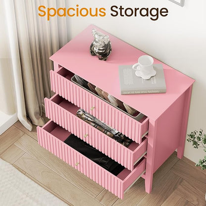 RoyalCraft Fluted 32 inch Wide Nightstand Set of 2, Large Pink Nightstand with 3 Drawer, Modern End Table, Wood Beside Table for Home and Office