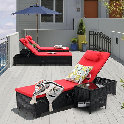 3 PCS Patio Chaise Lounge with Coffee Table Cushion&Pillow Outdoor Lounge Chair Chaise Lounger Patio Reclining Chair 5 Angle Adjustment Black PE Rattan for Courtyards Poolside Garden(red)