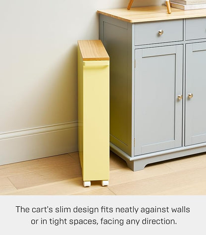 YAMAZAKI Home Slim Rolling Storage Cart – Narrow Bathroom Storage Cabinet with Handle, Slim Bathroom Storage Cart with Wheels, Easy Assembly, Steel + Wood, Yellow