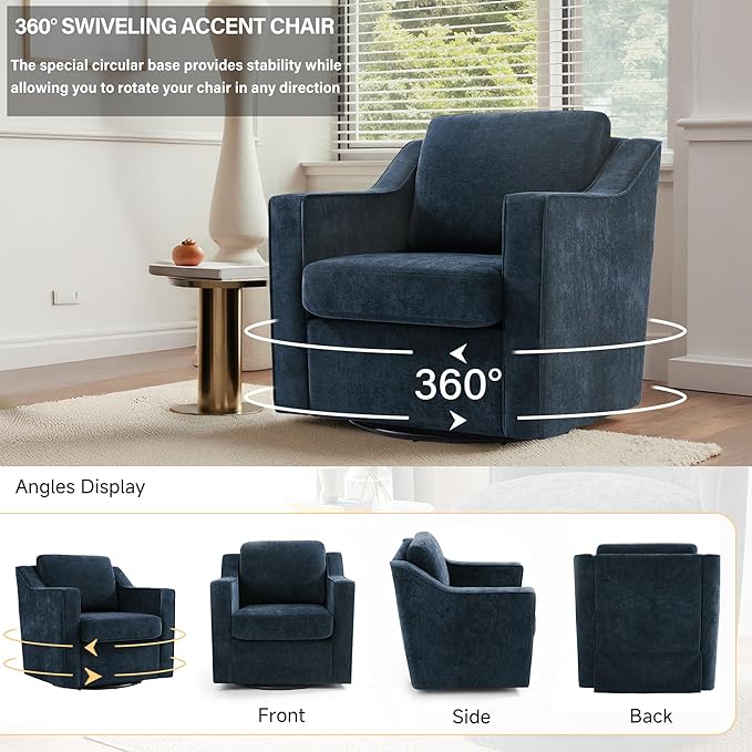 UIXE Swivel Accent Chair Set of 2, Chenille Upholstered Arm Chair for Living Room, Modern Club Armchair Comfy Single Sofa Bedroom Reading Seat with Lumbar Pillow - Navy Blue