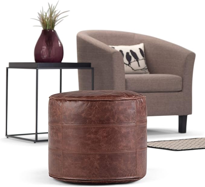 SIMPLIHOME Connor Round Pouf - 18 inch Wide Upholstered Genuine Leather Ottoman in Distressed Brown, Boho Footstool or Extra Seating for Living Room or Bedroom with Polystyrene Filling, Assembled