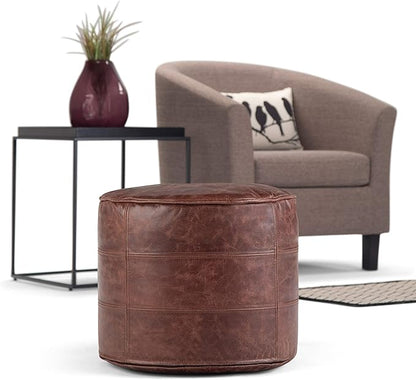 SIMPLIHOME Connor Round Pouf - 18 inch Wide Upholstered Genuine Leather Ottoman in Distressed Brown, Boho Footstool or Extra Seating for Living Room or Bedroom with Polystyrene Filling, Assembled