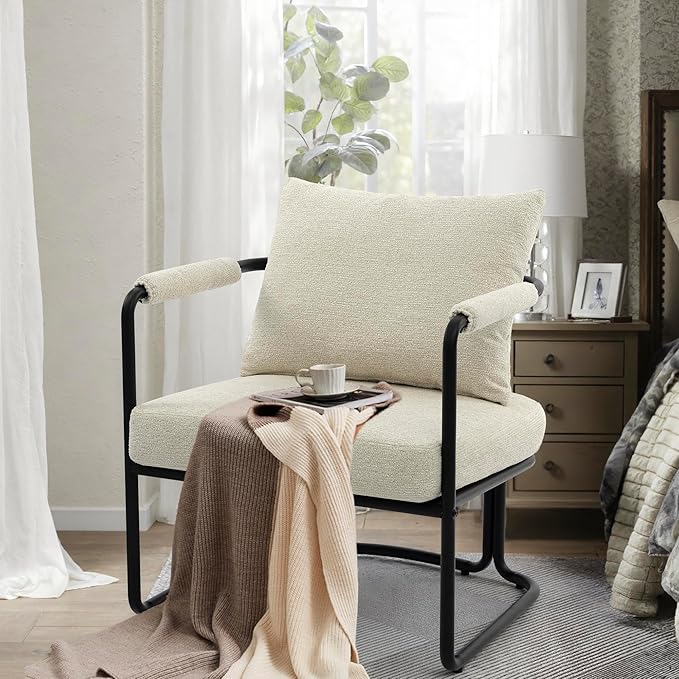 Accent Chairs Set of 2 for Living Room, Mid Century Modern Upholstered Reading Armchairs for Bedroom, Office, with Comfy Chenille Cushion & Metal Frame, Beige Cream