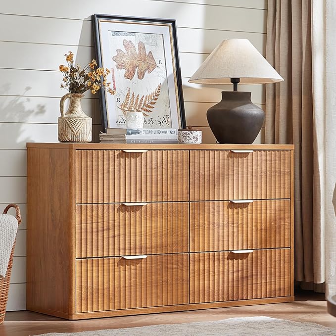LEYAOYAO Fluted 6 Drawers Dresser for Bedroom, 48" Wide Modern Chest of Drawers with Metal Handle, Brown Curved Profile Farmhouse Closet Organizer Wood Dressers TV Stand for Living Room, Hallway