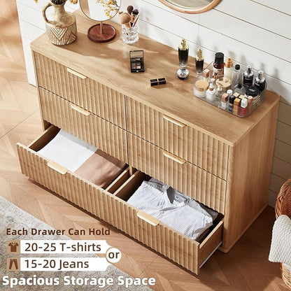 LEYAOYAO Fluted 6 Drawers Dresser, 48" Wide Modern Chest of Drawers with Woodgrain Top, Curved Profile Design, Dresser TV Stand, Wood Drawer Organizer for Bedroom, Living Room, Hallway,Wood