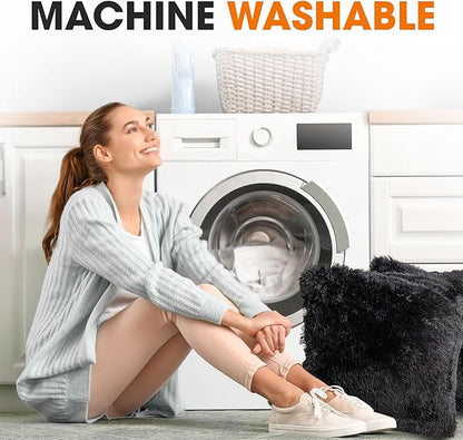 Cheer Collection Throw Pillows for Couch and Bed, Soft Shaggy Throw Pillows with Inserts Included, Cozy Long Hair Faux Fur Pillows - Set of 2-22" x 22" Black