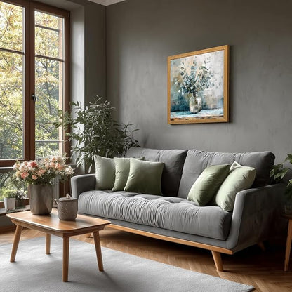 HLXRAE Eucalyptus Leaf Wall Art, Sage Green Botanical Canvas Print, Rustic Farmhouse Bathroom Wall Decor, Soft Blue Floral Aesthetic Picture for Bedroom living Room Wood Framed 12x12 inch