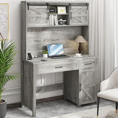 Vabches Farmhouse 47" Executive Desk, Computer Desk with Drawers and Storage Cabinet, Workstation with Hutch for Home Office