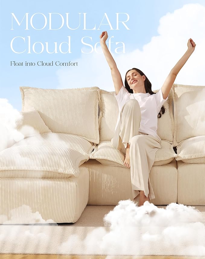 137" Comfy Cloud Couch with U-Shape Chaise & Deep Seat, Modular Sectional Sofa in a Box, Boneless Upholstered Couches for Living Room, No Assembly Required (Soft Corduroy, Beige)